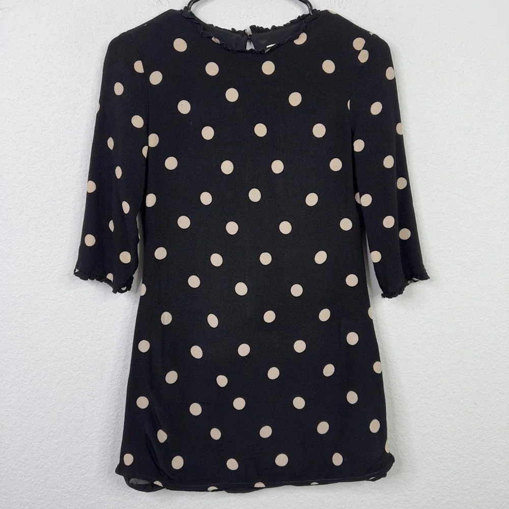 Kate Spade Dress Womens 0‎ Black Tan Polka Dot Ruffle Trim Feminine Quiet Luxury
